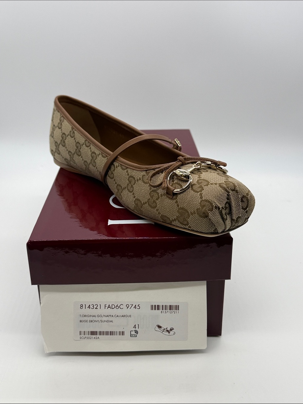 Gucci Beige GG Canvas Ballet Flat with Brown Trim and Gold Horsebit
